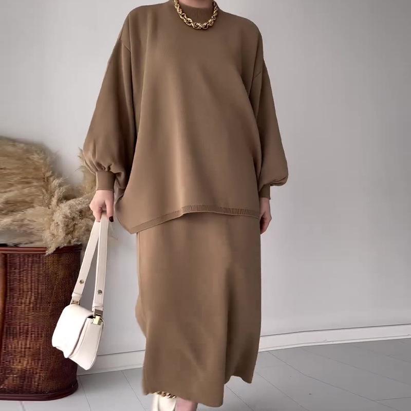 

Осень 2024 Европейский и американский однотонный свободный вязаный топ и юбка А-силуэта XL