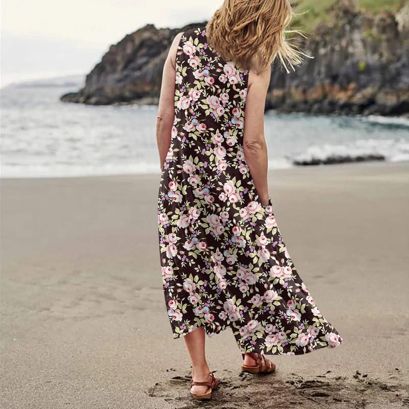 Женское повседневное удобное хлопковое карманное платье без рукавов с цветочным принтом — фото 4