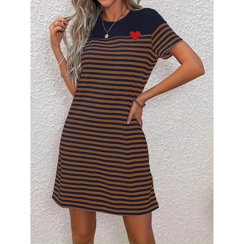 3D Printed Women's Loose O-Neck Pullover Dress Stripe Pattern Printing Comfortable Casual Short Sleeved Dress