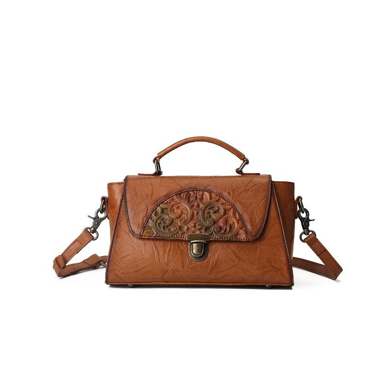 Genuine Leather Women's Bag, Retro Embossed Totem Crossbody Handbag, Color-rubbed Lock Buckle Small Square Bag