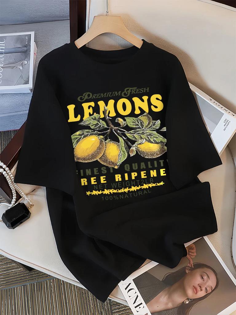 ZX Tee Lemons Fruits Premium Fresh Printing T Shirt Woman Loose Sportswear O-Neck Casual T Shirts Loose All-Match Short Sleeve