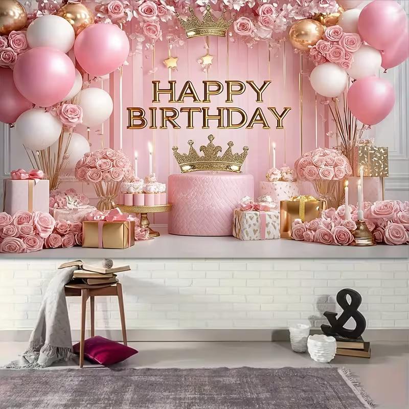 2D Pink Gold Happy Birthday Backdrop Photography Background