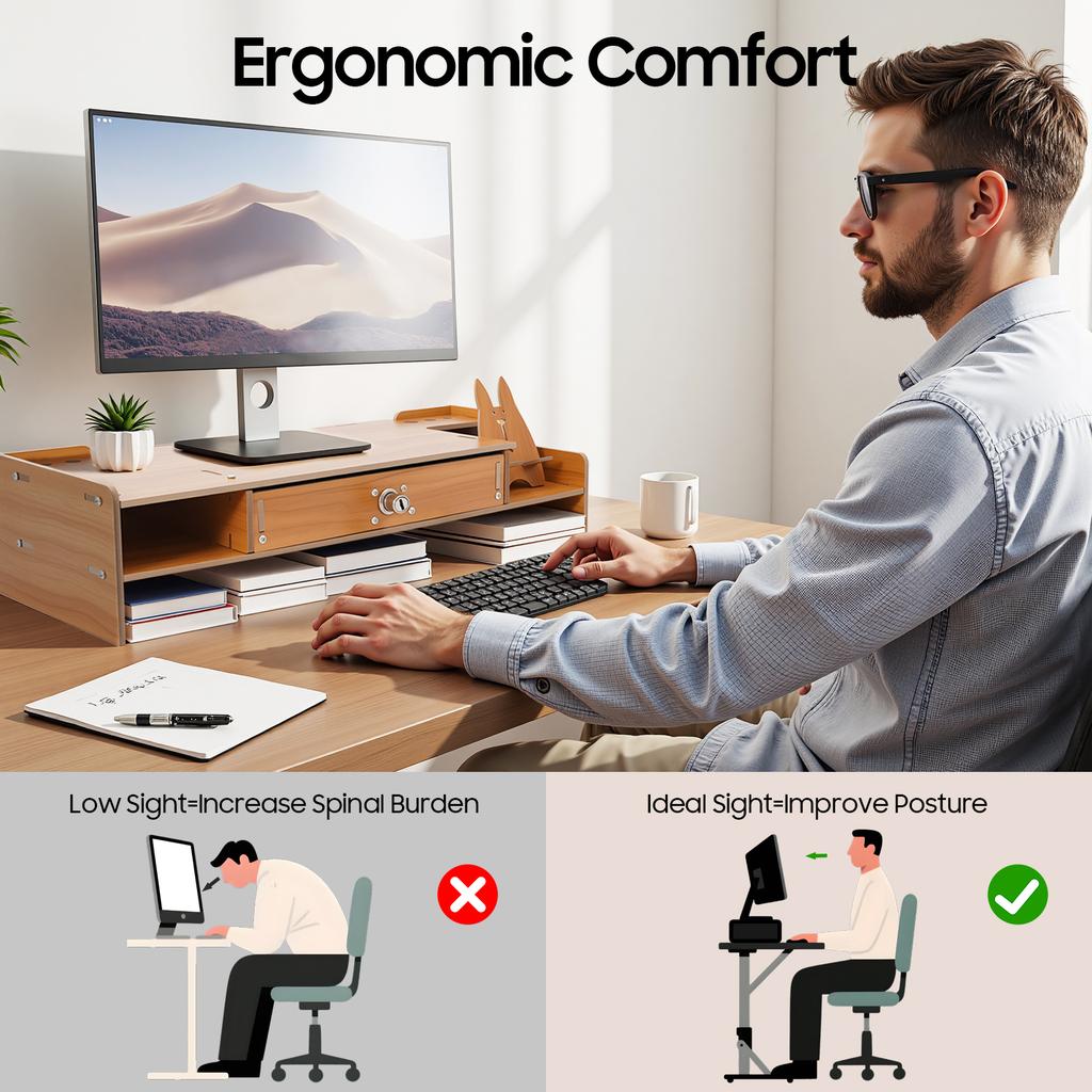 Ergonomic Computer Monitor Riser Stand with Locking Drawer, Natural Wood Finish Desk Organizer for Office & Home, Holds 11 Lbs