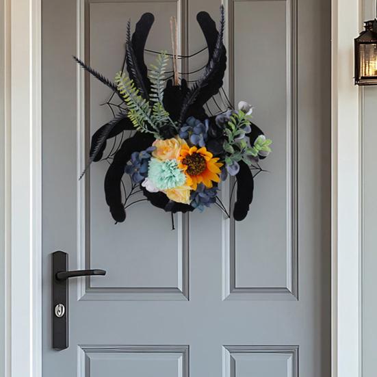Spider Wreath Wooden Black Spider Wreath with Artificial Flowers Front Door Hanging Decoration for Floral Arrangement Halloween Wall Window Decor