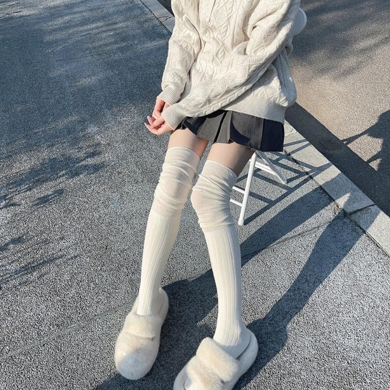 Japanese Women Elastic Over Knee Socks Student Slouch Top Rib Knit Long Stocking