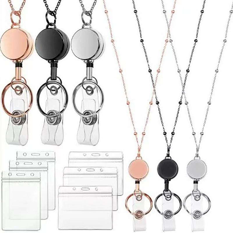Retractable Badge Reel Lanyard Id Card Holders Plastic Chain Necklaces Keychain Clip For Women Men Employee