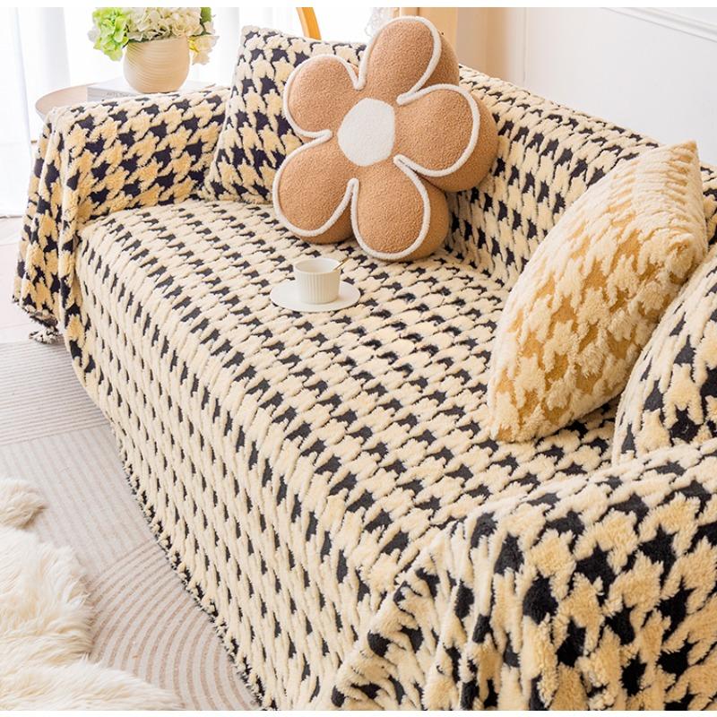 New Winter Lamb Velvet Sofa Cover Cloth Houndstooth Sofa Towel Full Cover Light Luxury Backrest Sofa Cover