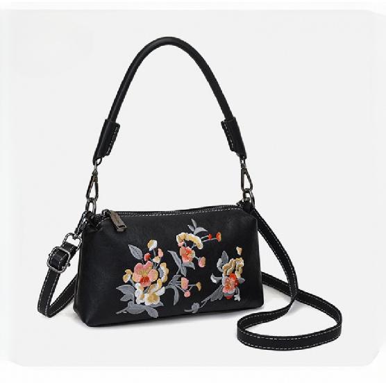 Damen Vintage Blumen Stickerei PU Leder Umhängetasche Kleine Handtasche Schultertasche Verstellbarer Riemen Lässige Tägliche Reise Damen Handtaschen