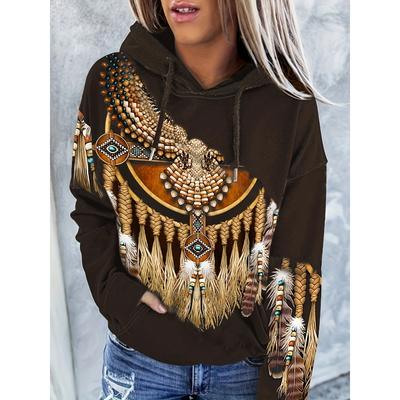 Women's Casual Fashion Round Neck Pullover Hoodie Western Ethnic Style Retro Print Women's Top Hoodie