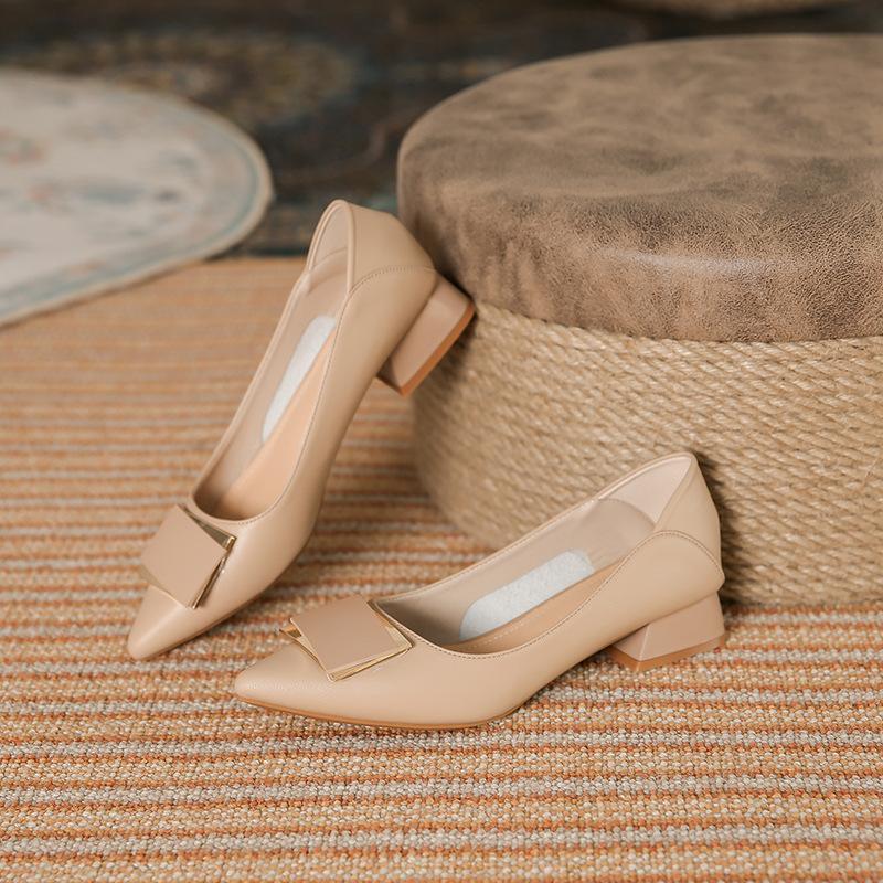 Leather black pointed thick heel low heel single shoes women's spring and autumn temperament versatile metal buckle professional commuter work women