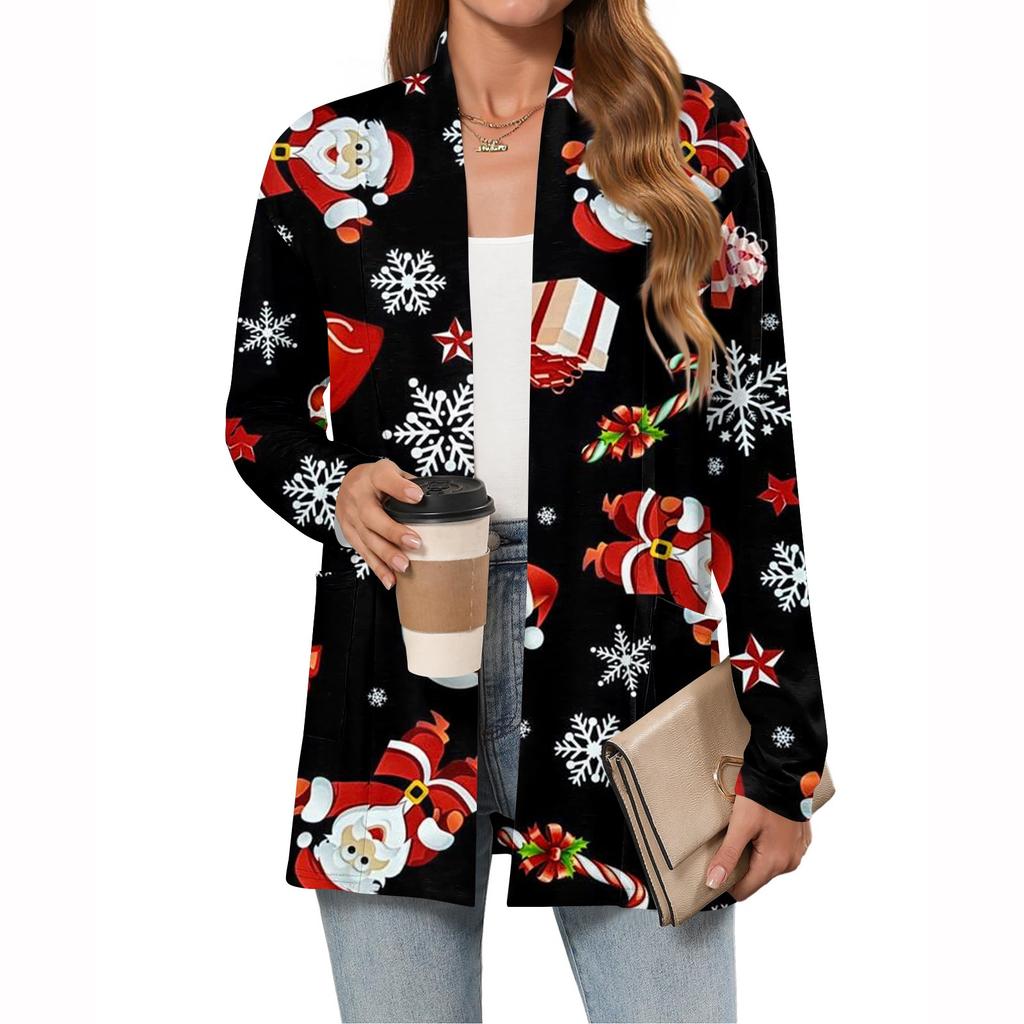 Women's Christmas Printed Lightweight Cardigan Long Sleeved Casual Loose Thin Fit With Pockets Cardigan Jacket