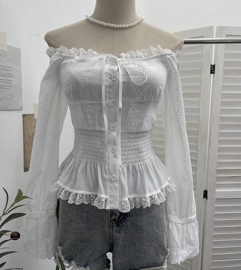 

Одноплеча мереживна блуза з бантом, укорочена, з довгими рукавами 9662 One Size білий