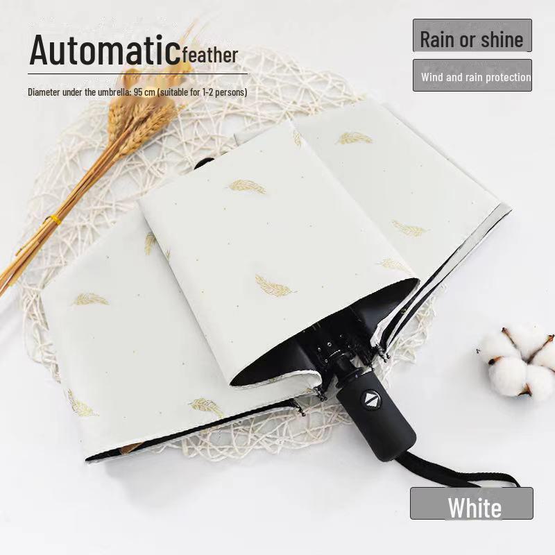 Gold Stamped Feather Black Dual-Purpose Sun & Rain Umbrella for Women with Printed Logo.