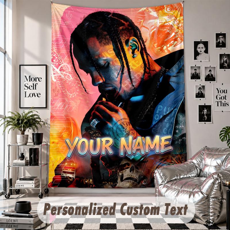Wall Hanging Tapestry With Custom Name & Text, Travis Scott Decorative Tapestry For Bedroom