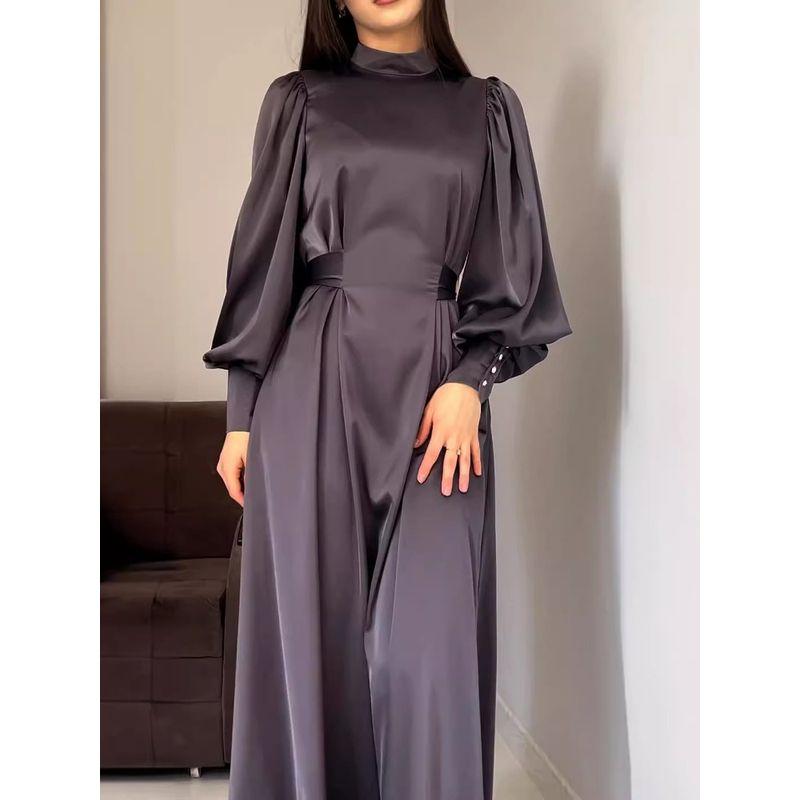 Magic Queen Spring & Fall Girdle Pure Color Long-Sleeved Bubble Sleeve Silm Belt Retro Robe Dress Dress