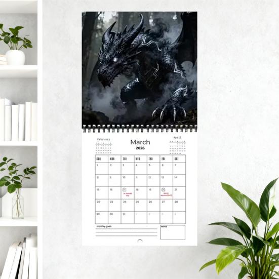 2026 Drachen-Fantasy-Wandkalender Monatsplaner mit 12 detaillierten Drachenillustrationen Spiralbindung Aufhängeloch Heim-Büro-Dekor Geschenk für Drachen