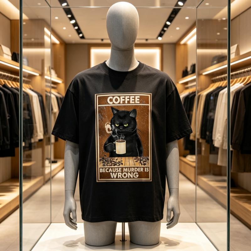 Because Murder Is Wrong Black Cat Drink Coffee Clothing Unisex Wounisex Street Oversized T Shirts Breathable Cotton Streetwear Tshirt