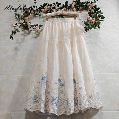 Falda Larga Maxi para Mujer Primavera Verano Cintura Alta Delicado Bordado Floral Falda Clásica Vintage Elegante Hueco Falda de Línea A Color Albaricoque