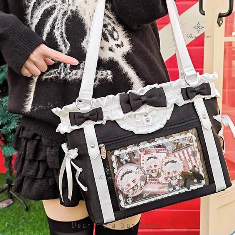 Japanese Sweet Women Ribbon Ita Bag Fashion Large Capacity Tote Bag Aesthetic Shoulder Bag Cute Lolita Girl Transparent Handbags