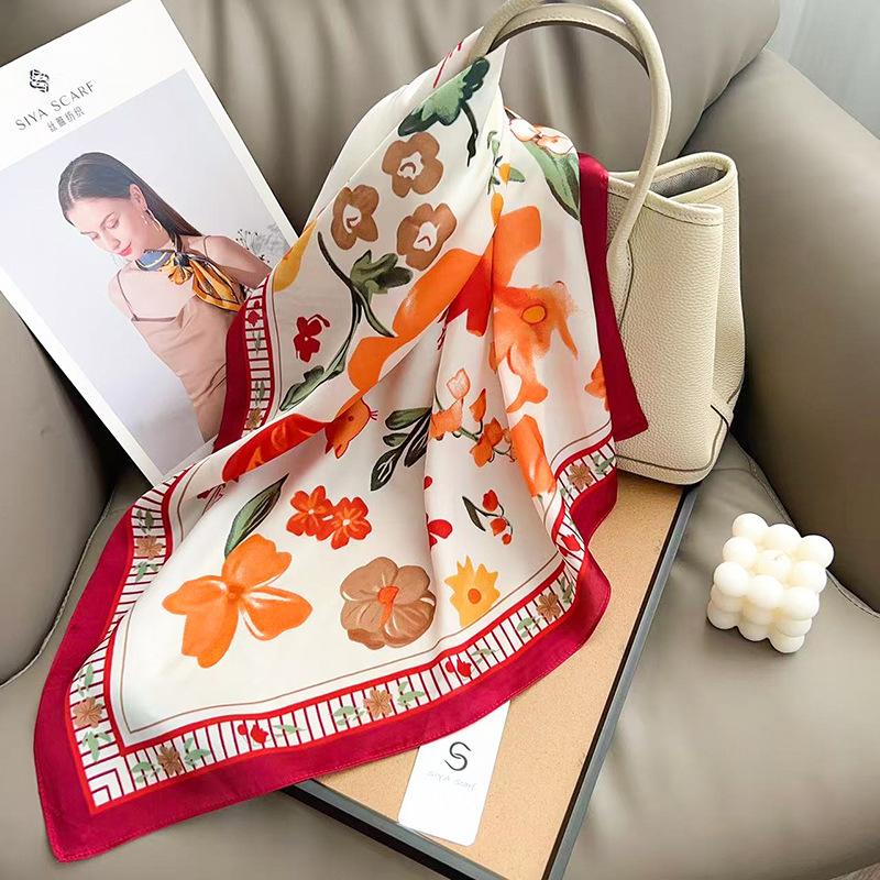 Korean Version of Spring Versatile Flower Small Square Scarf Small Fresh Chest Wrap Headscarf Decorative Scarf Neck Small Scarf Small Silk Scarf