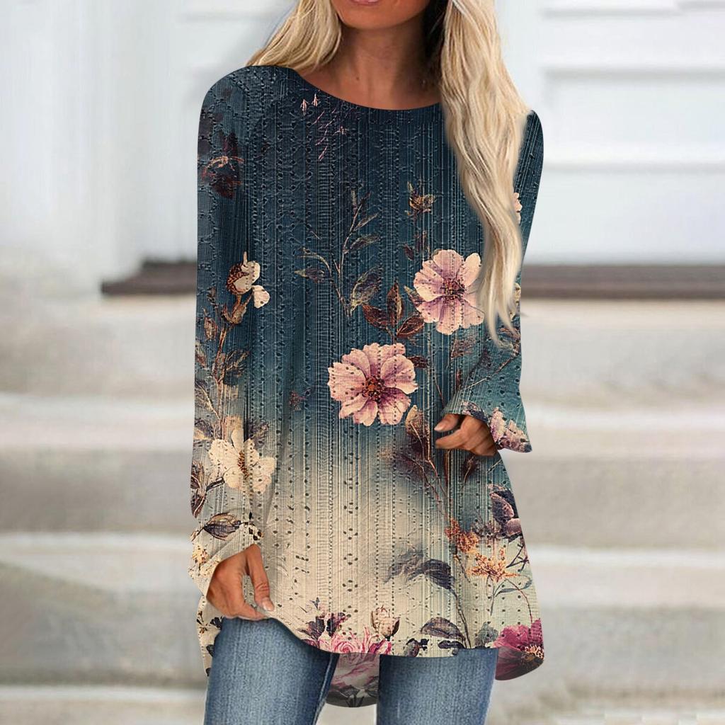 Damen Oberteile Rundhals Langarm Blusen Lässige Mittellange Hemden Mode Druck Tunika-Tops