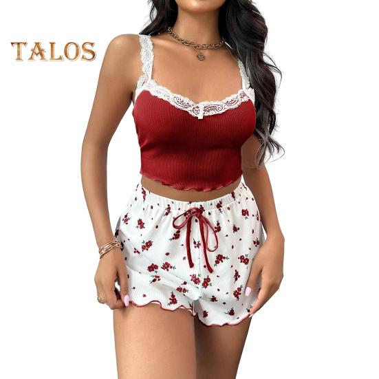 

Женский комплект из 2 предметов пижамы в рубчик, без рукавов, кружевной укороченный топ на бретельках и шорты с завязками на талии, летний комплект одежды для сна M красный