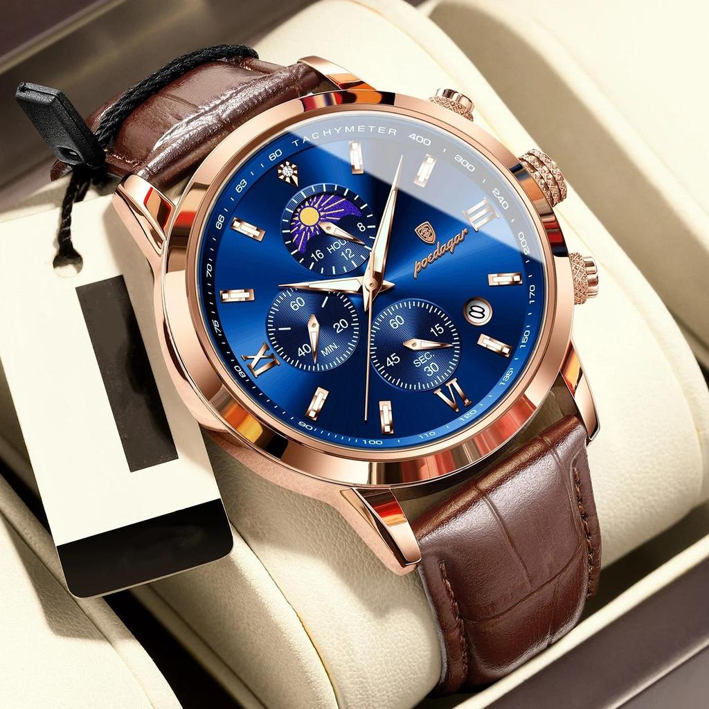 POEDAGAR Original Business Men's Wristwatch Chronograph Date Luminous Waterproof Man Watch Leather Luxury Quartz Watches For Men