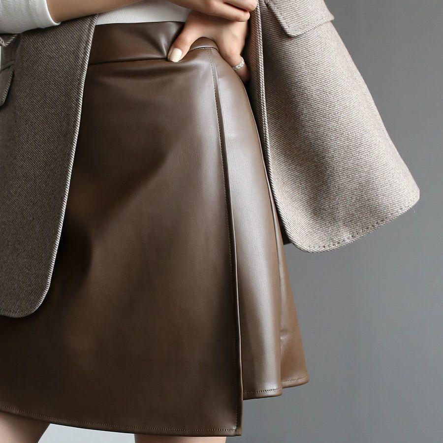 High-Waisted PU Leather A-Line Mini Skirt, Body-Hugging Skirt, Spring/Fall Women's Slit Skirt