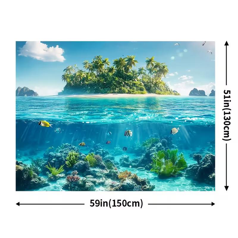 2D Printed Split Ocean View Backdrop, Tropical Island with Underwater Coral Reef Photography Background