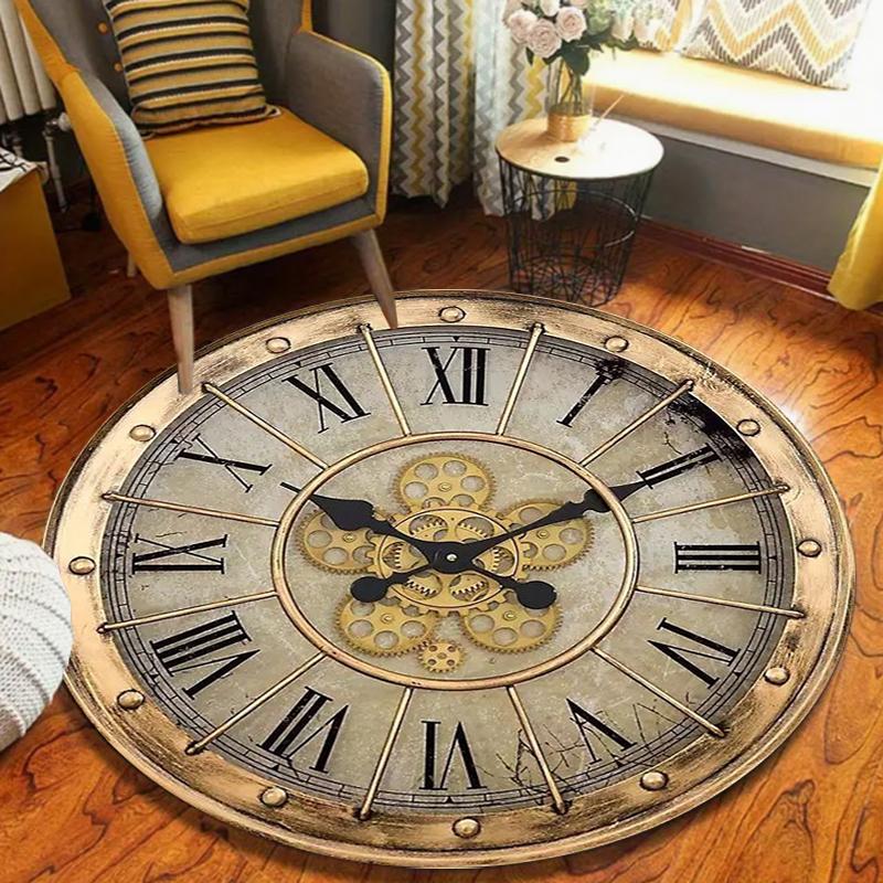 Vintage Clock Design Floor Mat Rugs Carpets Home Decoration Non Slip Washable Roman Numeral Round Carpets for Living Room
