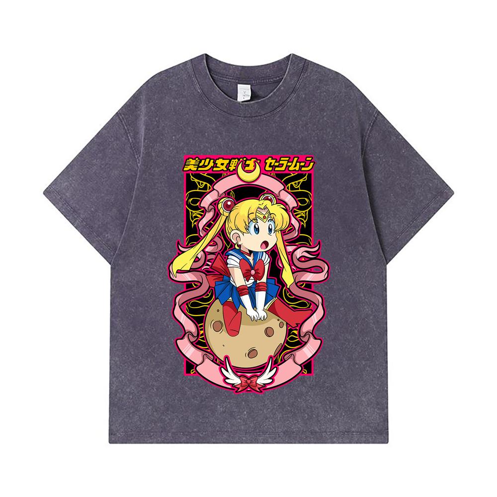 Koszulki 275 GSM Płukane 100% Bawełna Sailor Moon V10 Nadruk Usagi Unisex Ciężka Bawełniana Koszulka