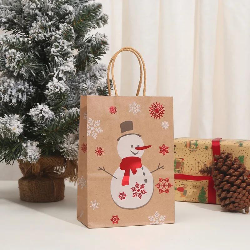 12PCS New Christmas Foil Stamped Paper Gift Bags Brown Kraft Tote with Reindeer Snowflake Tree Design for Holiday Party Presents