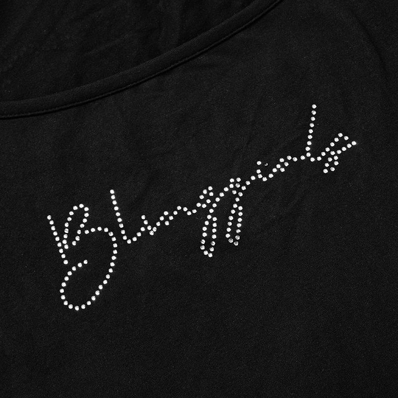 Y2K Retro Style Spicy Girl Letter Hot Diamond Low Neck Short Cut Exposed Navel Black Top for Women