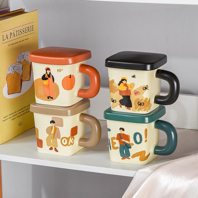 High Value Style Square Ceramic Mug with Lid Dustproof Office Couple Girl Drinking Water Cup for Home