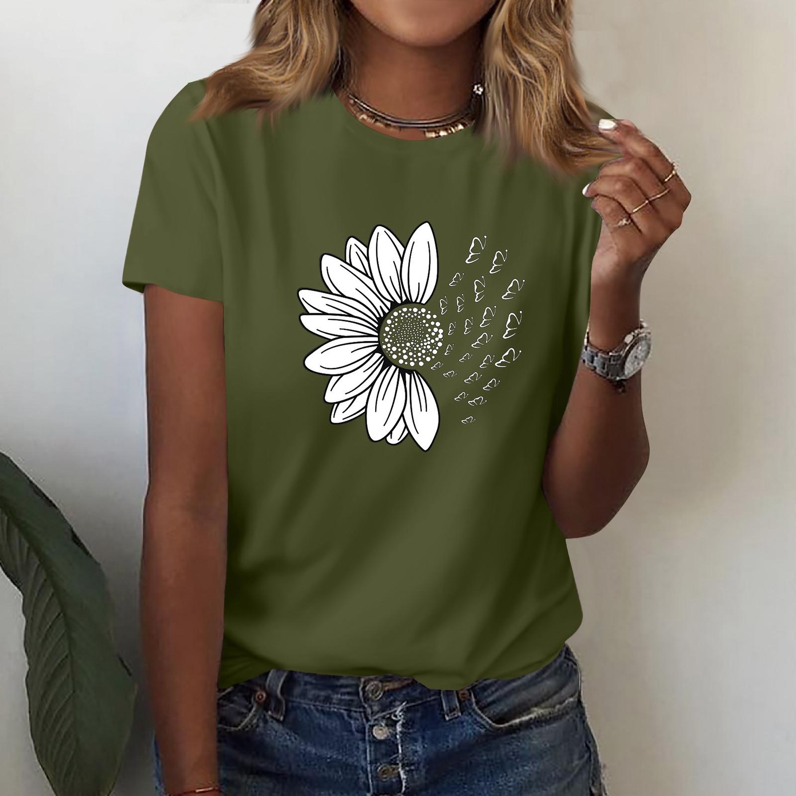 

Женская рубашка с короткими рукавами, v-образный вырез, модная футболка с принтом подсолнухов, повседневный топ, топ с короткими рукавами длиной до плеч XL
