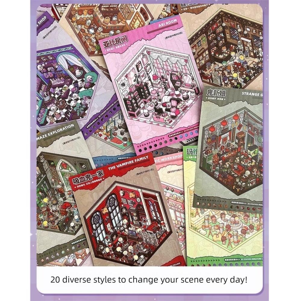 3D Pocket Cabin Scene Miniature Collection Stickers Cartoon Hut Scene Stickers Kids