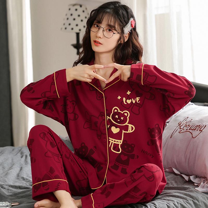 Red Wedding Couple Pajamas Set - Pure Cotton, Long Sleeve & Pants for Men & Women (Spring/Fall) Medium