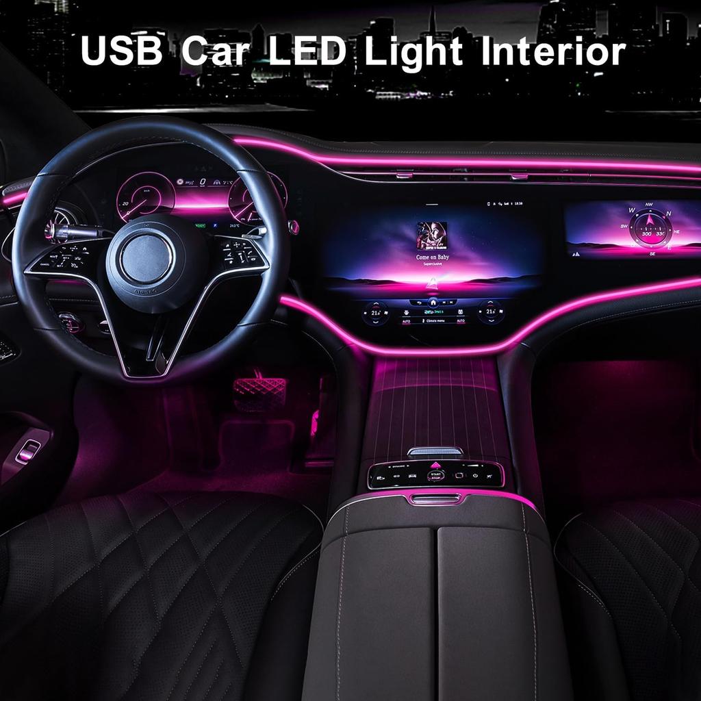 EL Wire Interior Car LED Strip Lights, 16.5FT USB Neon Glowing Strobing Electroluminescent Wire Strip With 6Mm Sewing Edge, Ambient Lighting Kits For