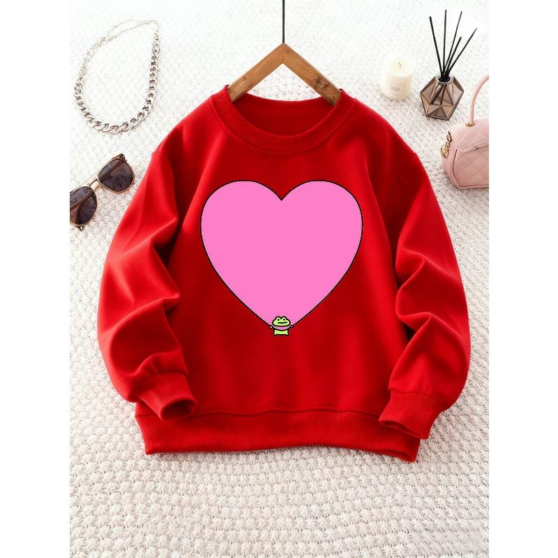 Girls' Round Neck Sweatshirt with Heart Cartoon Frog Print, Christmas Outfit, Suitable for Casual Wear