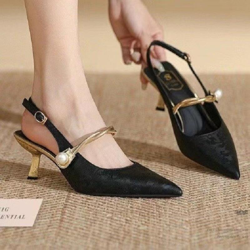 

2024 New Summer Pointed Toe Pearl Shoes Women Sexy Women Sandals High Heels Banquet Women Shoes 39 чёрный