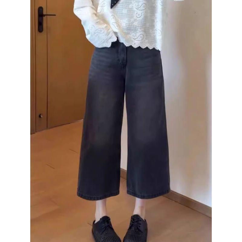 Plus Size Women's High Waist Wide Leg American Retro Jeans - Autumn New Style Loose Slimming Cropped Straight Leg Pants