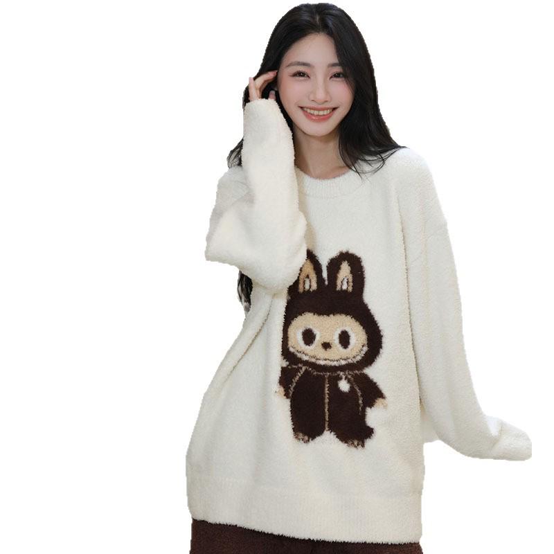 New Cozy Fleece-Lined Winter Pajama Set - Fluffy Cartoon Crew Neck Women's Homewear