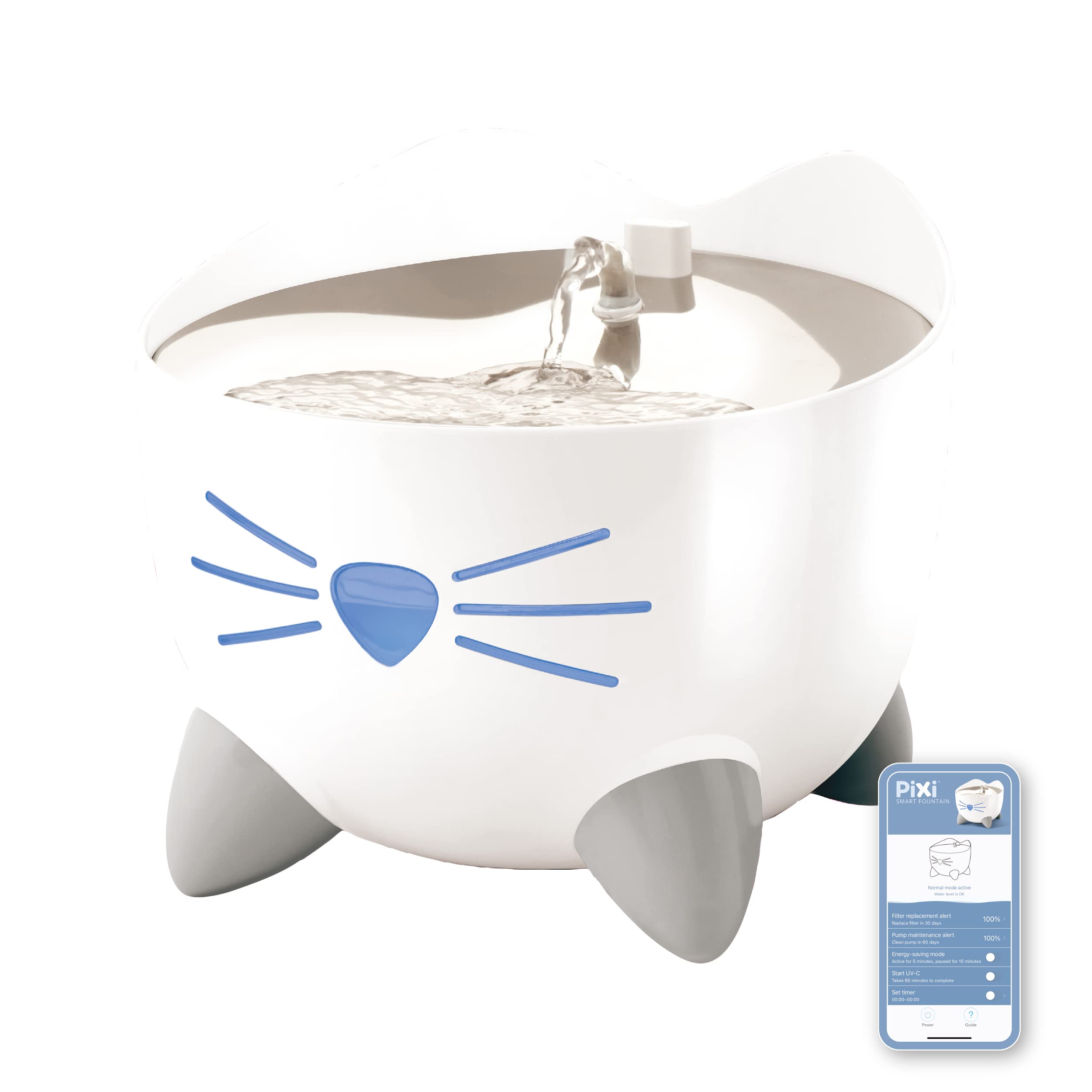 

Автоматическая умная поилка для кошек Catit Pixi с 1 умягчителем воды, приложение для смартфона, емкость фонтана 2,5 л, тихая, фильтр, синхронизация