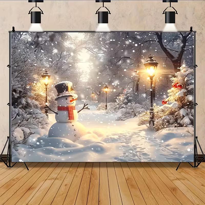2D Christmas Snowman Photography Backdrop, Snowy Street Lamp & Forest Scene 47.2x31.5inch/120*80cm