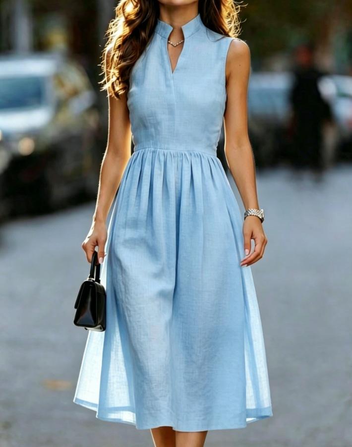 Summer French stand-up neck sleeveless waist pleated medium and long linen temperament commuter A-word women's dress