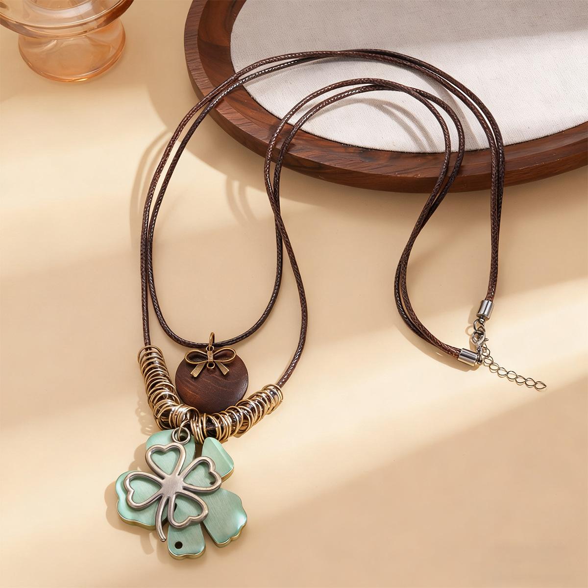 Resin Leather Flower Cross Adjustable Pendant Sweater Chain Vacation Style Vintage Necklace