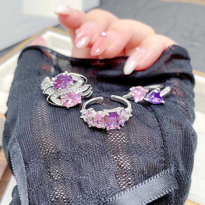 [Twin Crystal Love] Pink Purple Full Diamond Zir*****Pening Ring Niche Light Luxury High Sense Sweet Treasure Ring Girl