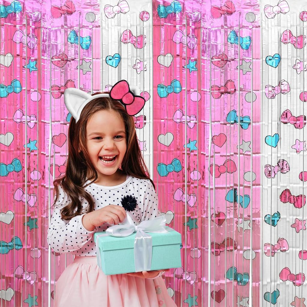 Kawaii Birthday Decorations, 2 Pack Cartoon Cat Theme Party Supplies, 3.3 x 6.6ft Tinsel Foil Fringe Curtains, Bow Photo Booth Props, Backdrop