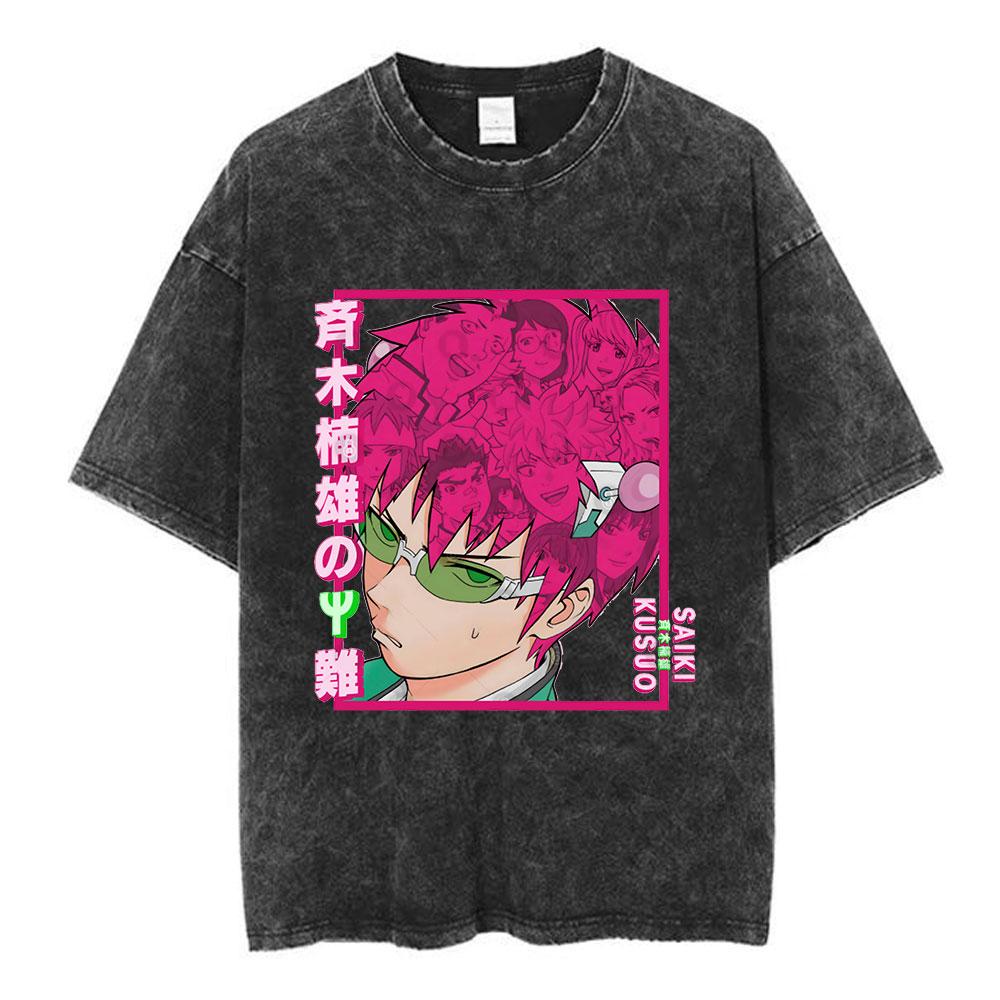 Anime The Disastrous Life of Saiki K Vintage Washed Short Sleeve TShirt Saiki Kusuo Fashion Harajuku Hip Hop Casual Tee Shirts