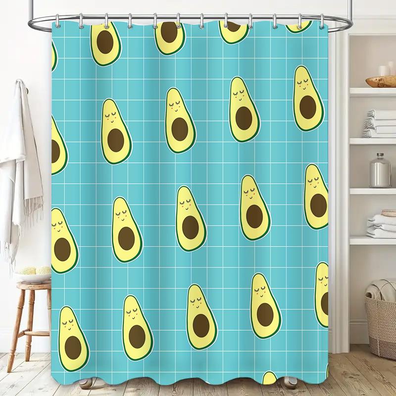 Avocado Pattern Shower Curtain Blue Grid Background with Cute Kawaii Design for Bathroom Decor